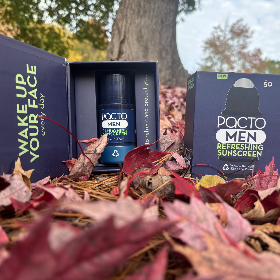 Pacto Men refreshing sunscreen with packaging on a natural background