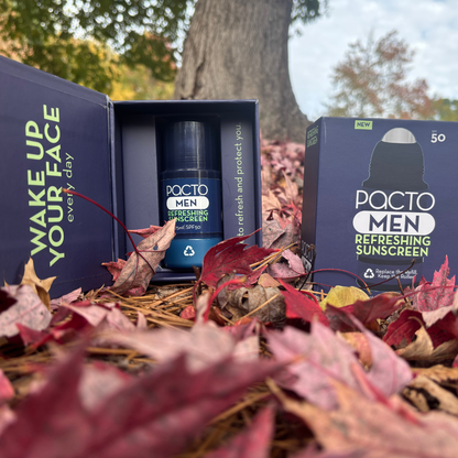 Pacto Men refreshing sunscreen with packaging on a natural background