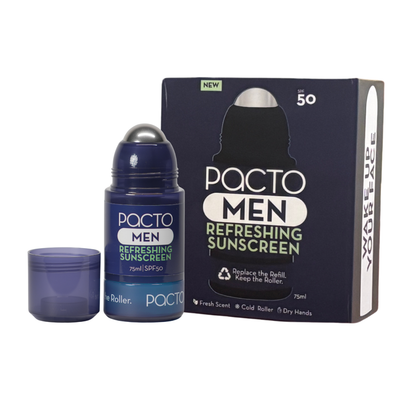 POCTO MEN refreshing sunscreen roller and packaging on a white background