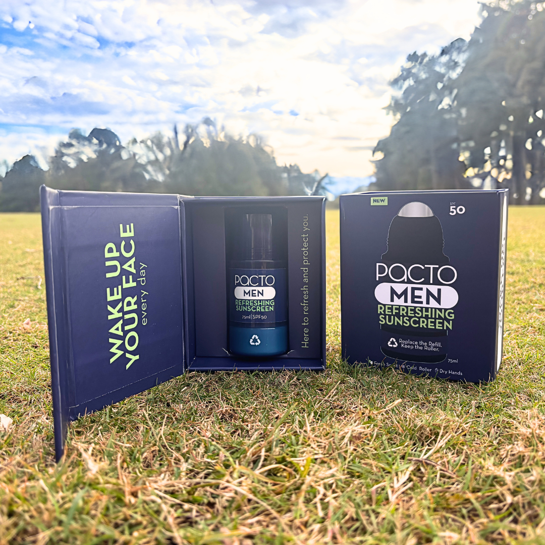 Pacto Men refreshing sunscreen with packaging on golf course