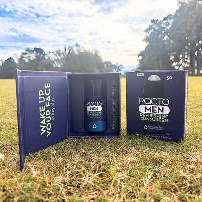 Pacto Men refreshing sunscreen with packaging on golf course